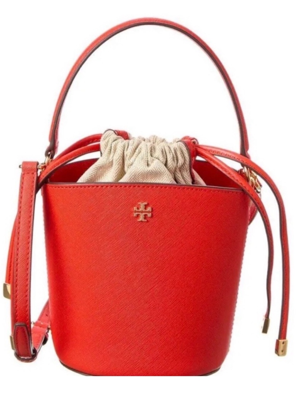 TORY BURCH EMERSON Mini Drawstring Bucket Leather Crossbody Red Bag *